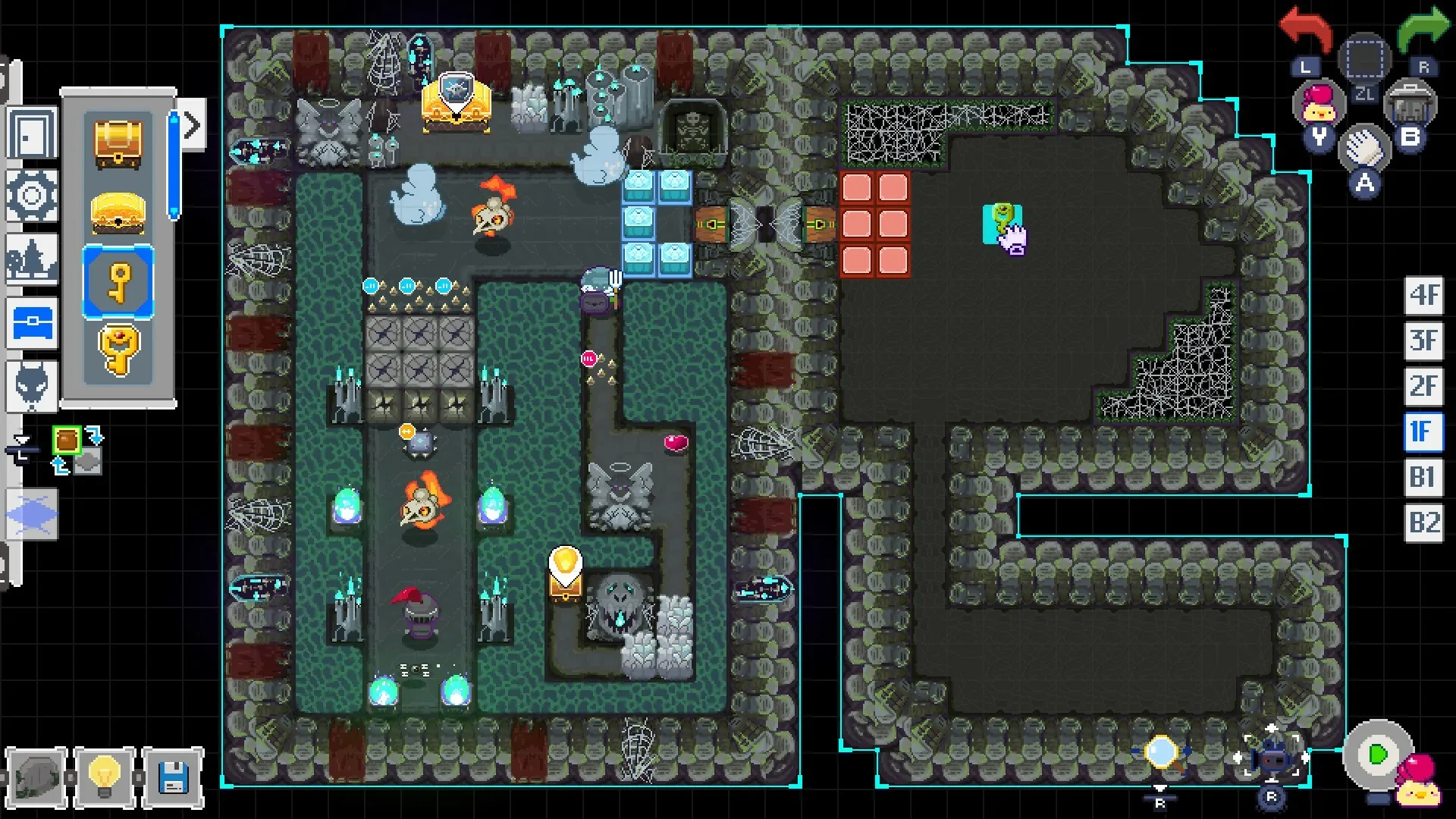 A level editor of an overheard, tiled map of a dungeon. There are monsters and hazards all over the place.