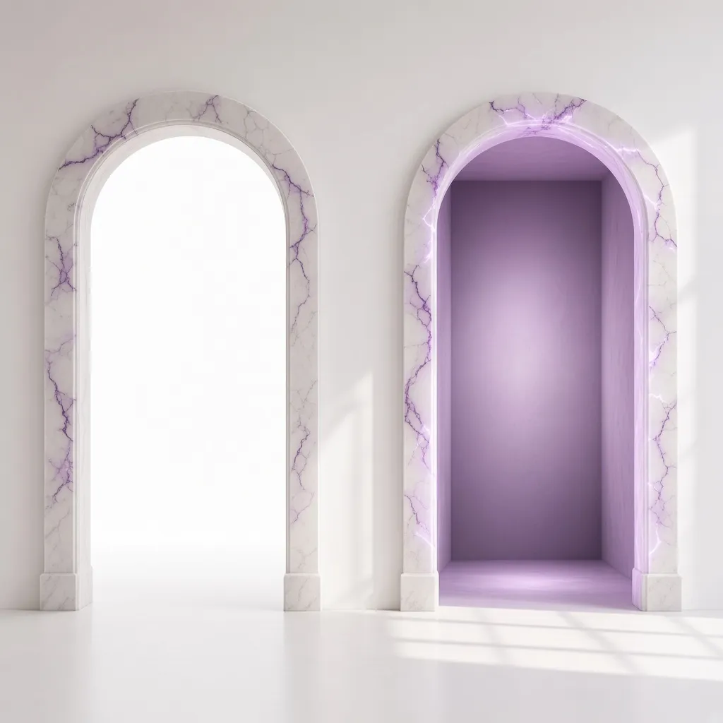 Two marble archways in a white gallery; one opens to empty light, one to a purple room.