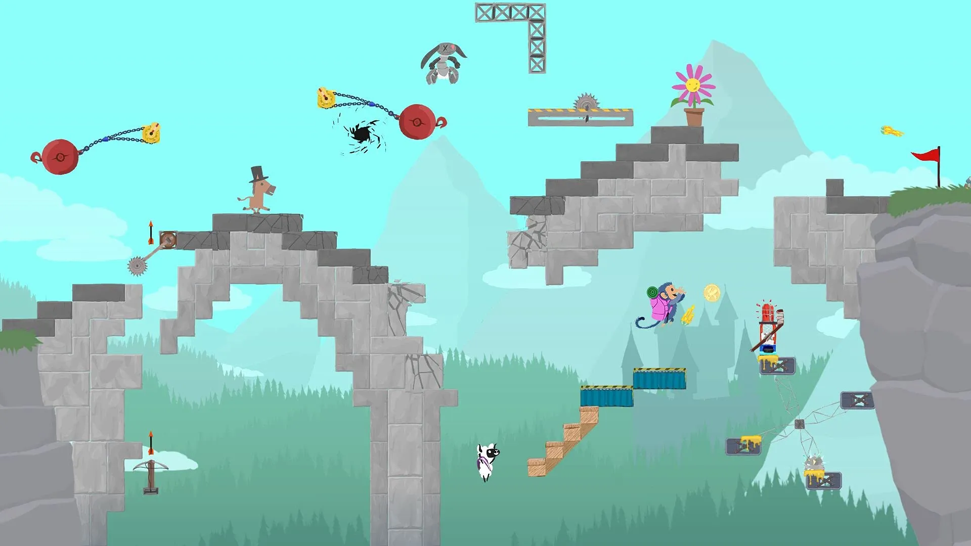 Screenshot of a game of Ultimate Chicken Horse, chaos and four cartoon animals trying to make it through it all.